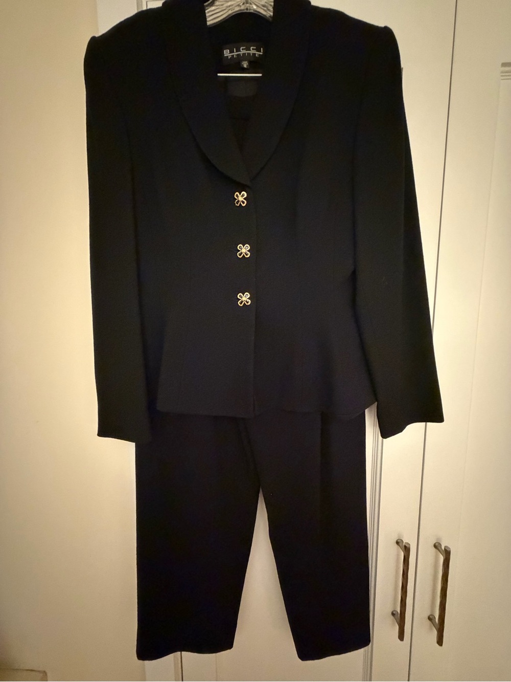 Vintage BICCI Petite Black Pantsuit – Gold Floral Buttons - Size 12P